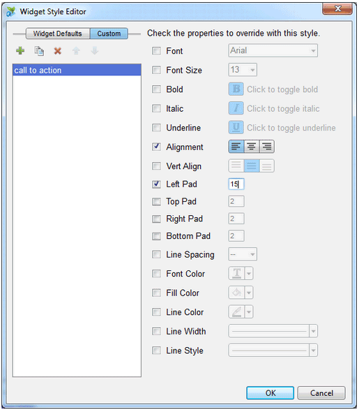 setting text alignment and padding in widget style editor